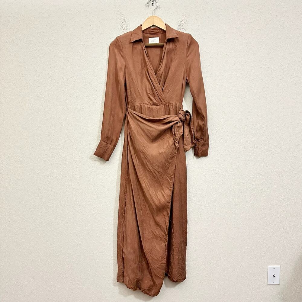 DISSH Wrap Dress Brown Long Sleeve Midi Tie Waist Shoulder Pads